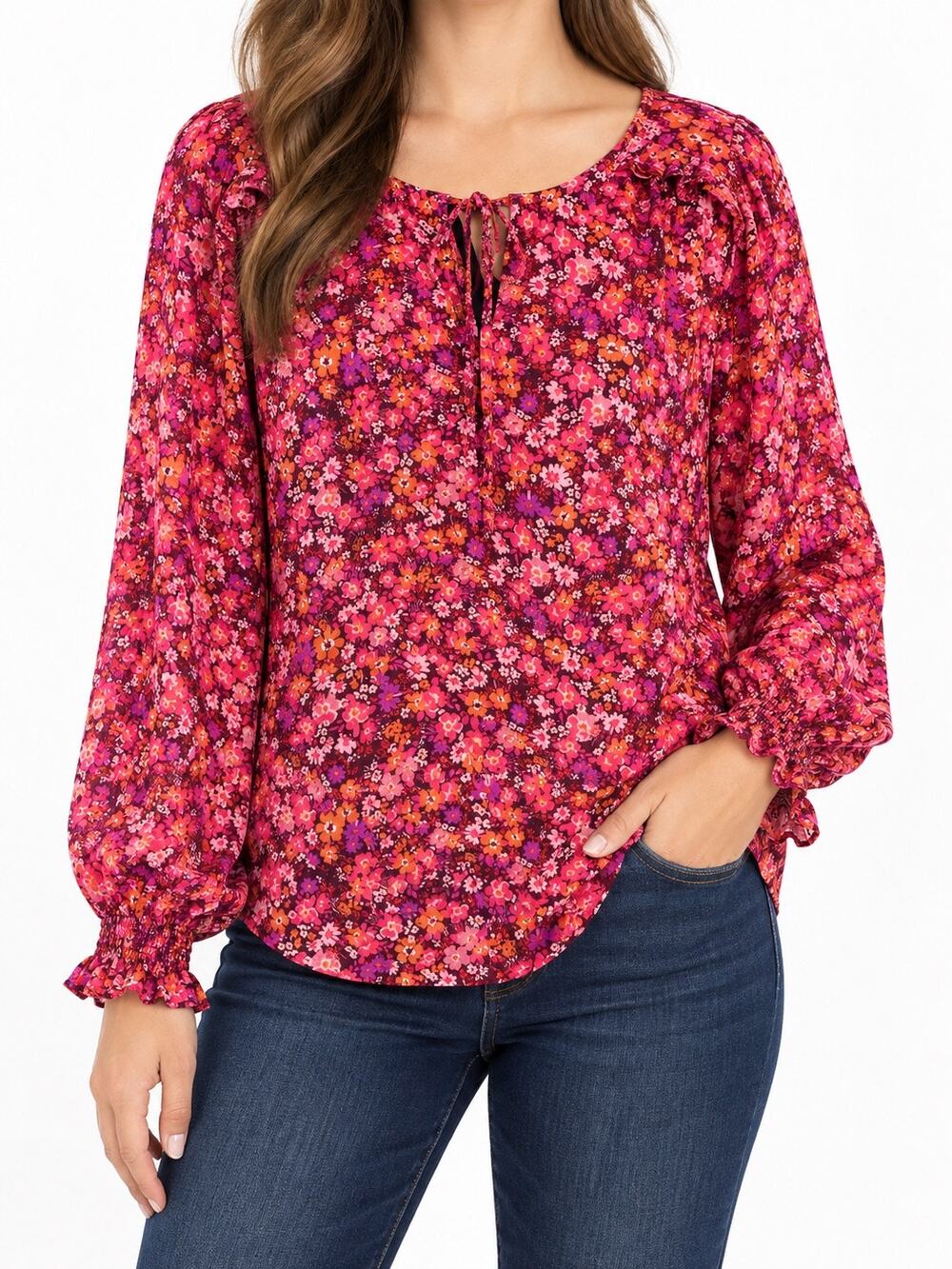 J.CREW Floral Ruffle Shoulder Blouse Women’s 3X Pink Tie Front Long Sleeve Boho